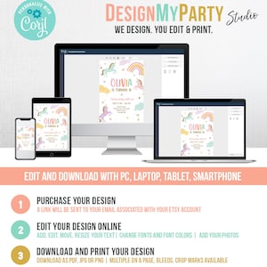 May include: A digital design template for a unicorn-themed birthday party invitation. The invitation features a rainbow, clouds, and unicorns in pink, blue, and yellow colors. The text on the invitation reads "Olivia is turning 1".