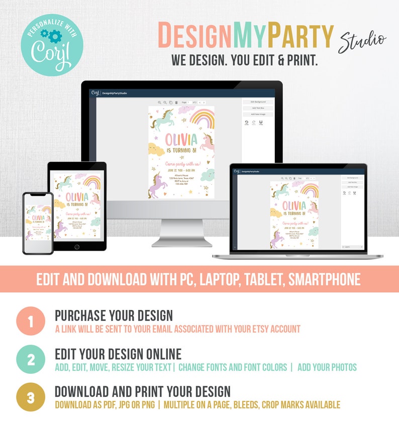 May include: A digital design template for a unicorn-themed birthday party invitation. The invitation features a rainbow, clouds, and unicorns in pink, blue, and yellow colors. The text on the invitation reads "Olivia is turning 1".