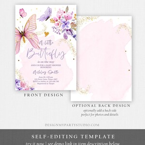 K&ouml;nnte beinhalten: Eine rosa und lila Babyparty-Einladung mit einem Schmetterlingsdesign. Der Text lautet "a little butterfly is on the way" und enth&auml;lt den Namen "Ashley Smith".