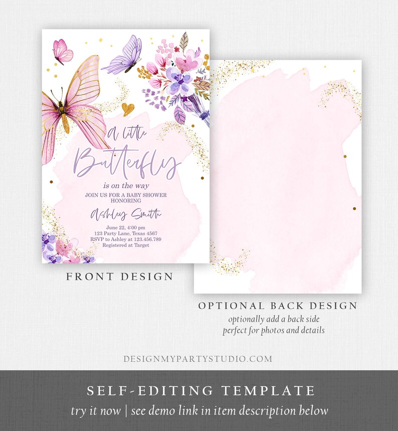 K&ouml;nnte beinhalten: Eine rosa und lila Babyparty-Einladung mit einem Schmetterlingsdesign. Der Text lautet "a little butterfly is on the way" und enth&auml;lt den Namen "Ashley Smith".