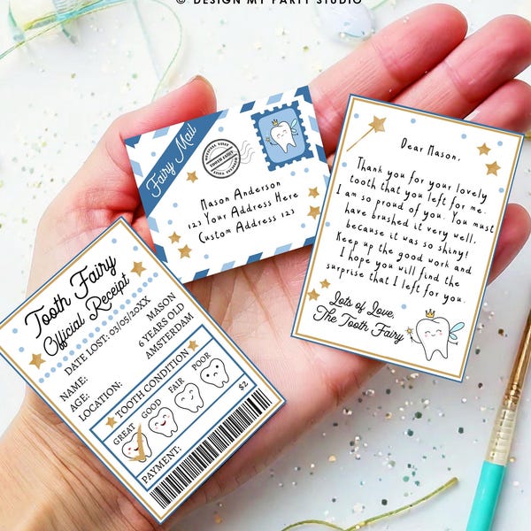 Editable Mini Tooth Fairy Set Receipt and Letter with Envelope Tooth Fairy Kit Lost Tooth Fairy Note Boys Digital Template Printable 0526