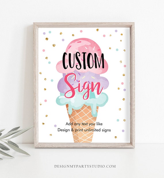Editable Custom Sign Ice Cream Soft Confetti Birthday Baby Shower Party Gold Pink Teal Table Bar Sign Decor Corjl Template PRINTABLE 0243 Il_570xn