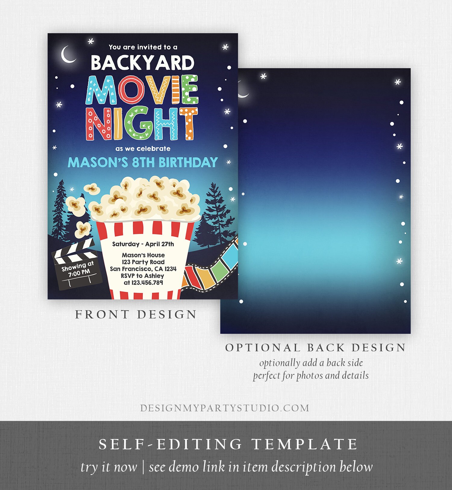 Editable Backyard Movie Night Birthday Invitation Boy Outdoor | Etsy