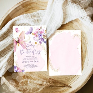 Redigerbar fjärilsbabyshowerinbjudan Lila fjäril på väg Blommig rosa guldflicka Digital nedladdning Evite-mall Utskrivbar 0437 bild 4