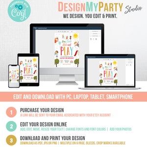 Puede incluir: Plantilla de dise&ntilde;o digital mostrada en un smartphone, tableta, port&aacute;til y ordenador de sobremesa. El dise&ntilde;o presenta el texto "Run, Climb, Slide and Play" con ilustraciones de ni&ntilde;os jugando. El dise&ntilde;o es para una fiesta de cumplea&ntilde;os.