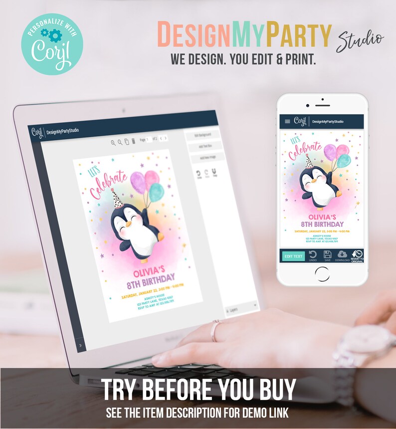 May include: A digital design template for a penguin birthday invitation. The invitation features a cartoon penguin holding balloons and a party hat. The text on the invitation says "Let's Celebrate Olivia's 8th Birthday".