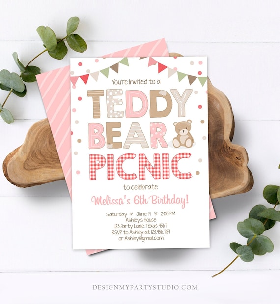 Editable Teddy Bear Picnic Birthday Invitation Girl Pink Red Gingham Bear Picnic Summer Outdoor Party Digital Template Printable 0100