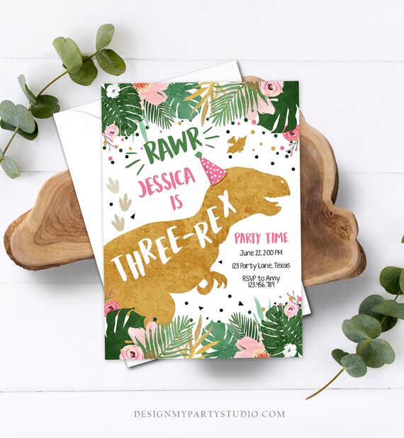 Editable Three-Rex Dinosaur Birthday Invitation Third Birthday 3rd Dino T-Rex Prehistoric Rawr Girl Pink Gold Printable Corjl Template 0146 Il_570xn