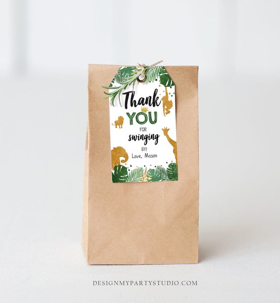 Editable Safari Animals Favor Tags Thank You for Swinging By Wild One Label Jungle Zoo Boy Green Gold Gift Tag Download Corjl Template 0016 Il_570xn