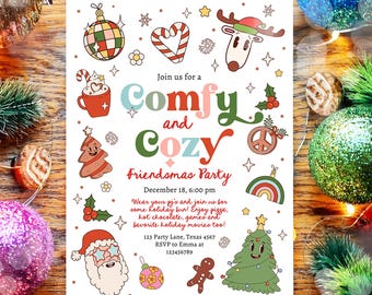 May include: A white invitation with the text "Comfy and Cozy Friendsmas Party" and holiday-themed illustrations. The invitation includes a Christmas tree, Santa Claus, and other festive graphics. The date and time are also included.