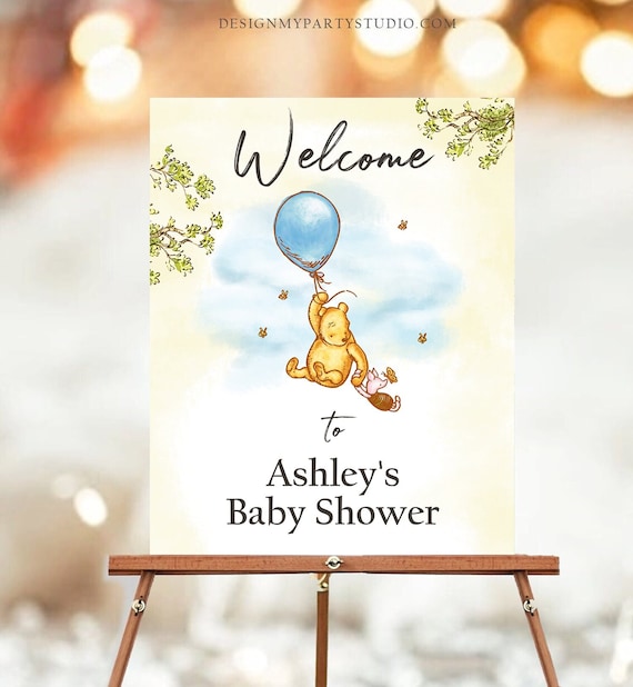 Editable Winnie The Pooh Welcome Sign Pooh Baby Shower Boy Blue Classic Winnie The Pooh Party Decor Corjl Template Printable 0425 Il_570xn