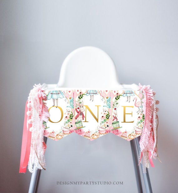 Alice in Onederland High Chair Banner Alice in Wonderland Girl 1st First Birthday Pink High Chair Banner ONE Decor PRINTABLE Digital 0350 Il_570xn