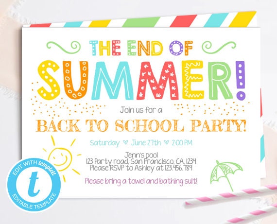 the end of the summer back to school party pool party pool party invitation templates