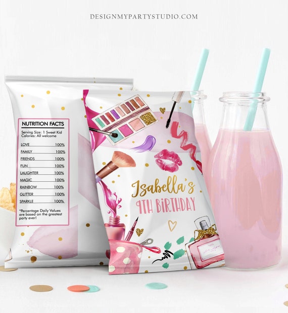 Editable Spa Party Chip Bag Glam Party Decor Girl Makeup Birthday Glitz