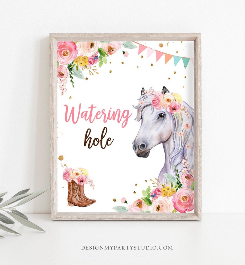 Watering Hole Birthday Sign Drink Table Decor Floral Horse Birthday Cowgirl Table Sign Pony Party Decorations Drinks Download PRINTABLE 0408 image 1