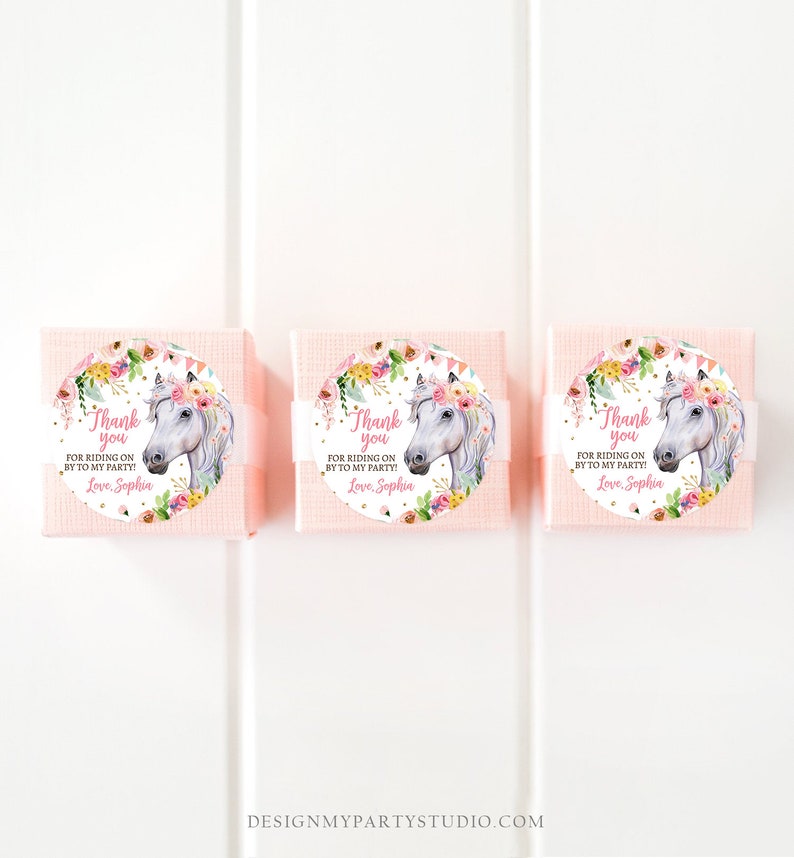 Puede incluir: Tres peque&ntilde;as cajas de regalo de color rosa claro con cinta blanca. Cada caja tiene una pegatina redonda con un unicornio con una corona floral y el texto "Thank you for riding on by to my party! Love, Sophia."