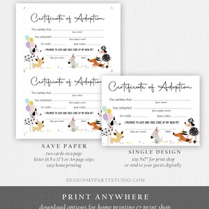 Pet Adoption Certificate Puppy Adoption Dog Birthday Party Adopt A Pet Girl Pink Vet Puppy Adoption Digital Download Printable 0429 image 3