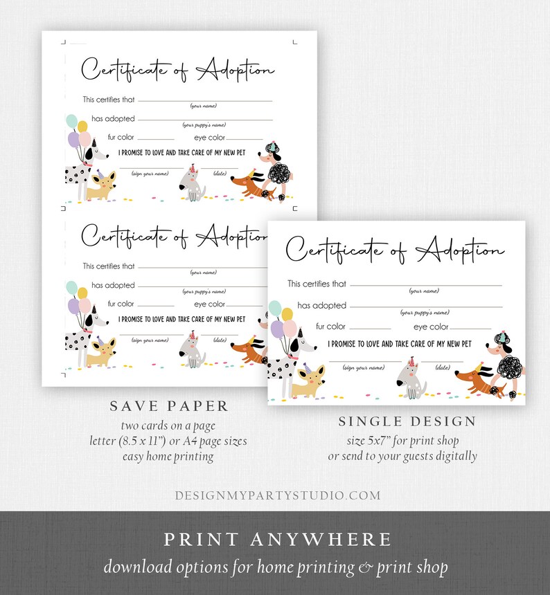 Pet Adoption Certificate Puppy Adoption Dog Birthday Party Adopt A Pet Girl Pink Vet Puppy Adoption Digital Download Printable 0429 image 3