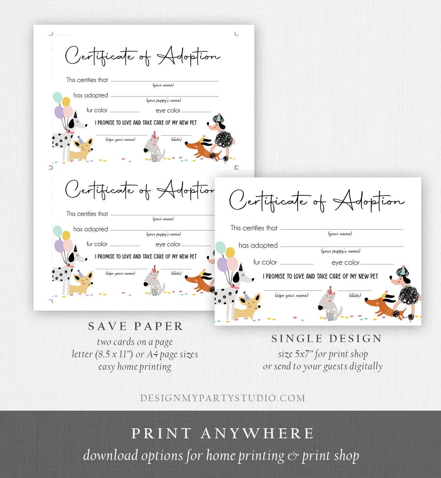 Pet Adoption Certificate Puppy Adoption Dog Birthday Party Adopt A Pet ...