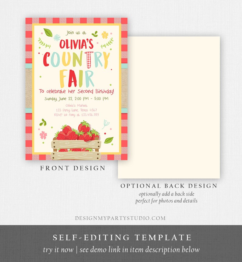 Editable Country Fair invitation Red Gingham Strawberry Home Grown Veggies Farm Fruits Market Download Printable Invite Template Corjl 0223 image 6