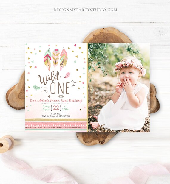 Editable Birthday Invitation Wild One Girl Invite Tribal Boho Arrow Feathers Coral Mint Download Printable Template Digital Corjl 0073 Il_570xn