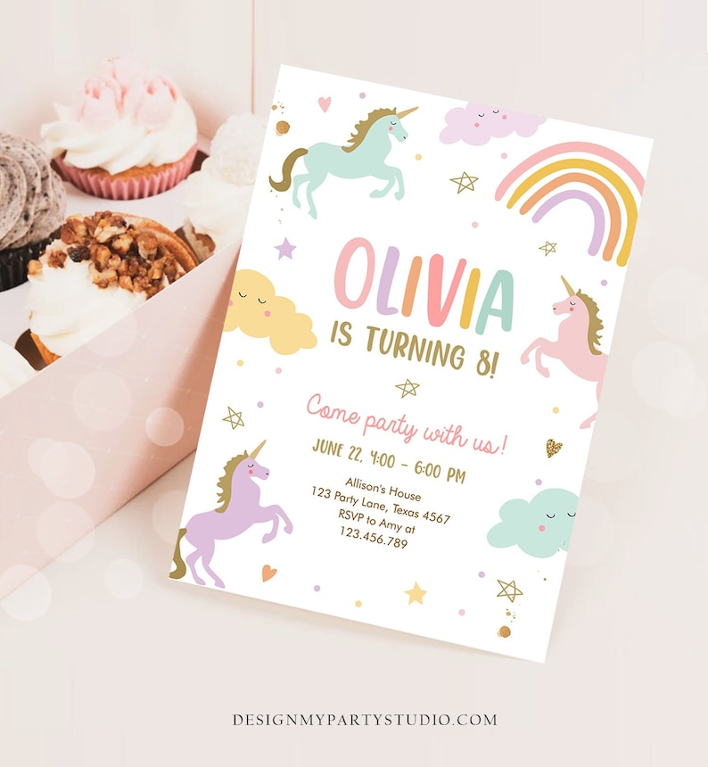 May include: A colorful invitation for a unicorn-themed birthday party for Olivia, who is turning 8. The invitation features a rainbow, clouds, stars, and unicorns. The text reads "Olivia is turning 8! Come party with us! June 22, 4:00-6:00 PM Allison's House 123 Party Lane, Texas 4567 RSVP to Amy at 123.456.789 DesignMyPartyStudio.com"