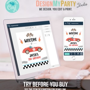 May include: A digital design template for a welcome sign for a birthday party. The sign features a red race car with a checkered flag and the text "Welcome to Jacob's 2nd Birthday".