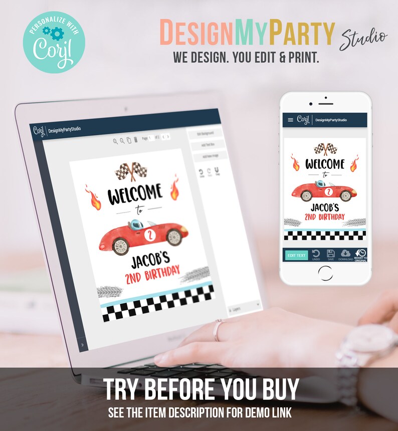 May include: A digital design template for a welcome sign for a birthday party. The sign features a red race car with a checkered flag and the text "Welcome to Jacob's 2nd Birthday".