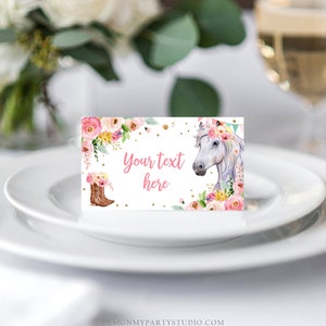 May include: A white horse with a pink flower crown and floral accents, with the text "Your text here" on a white background. This is a printable party favor tag.