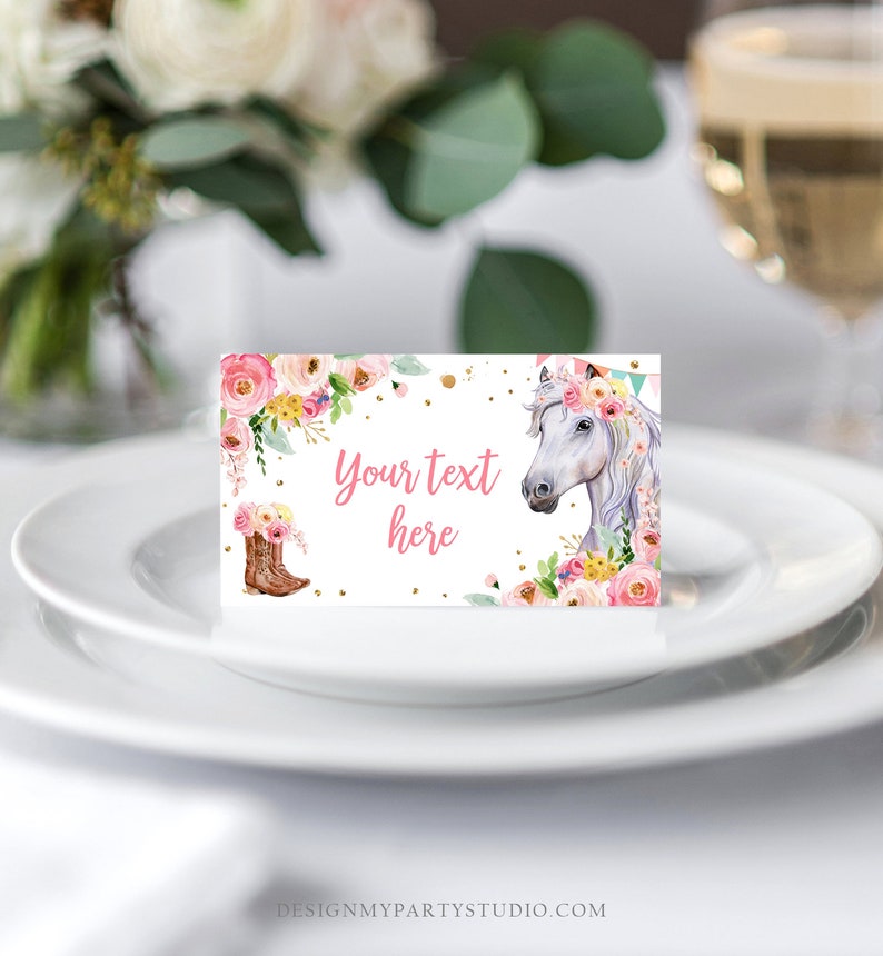 May include: A white horse with a pink flower crown and floral accents, with the text "Your text here" on a white background. This is a printable party favor tag.