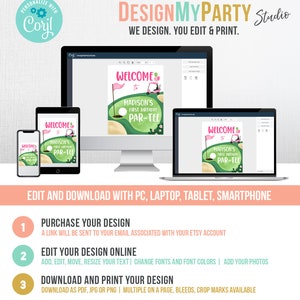 May include: A digital design template for a golf-themed birthday party. The template features a pink golf cart with a welcome sign that says "Welcome to Madison's First Birthday Par-Tee". The template is available for editing and printing.
