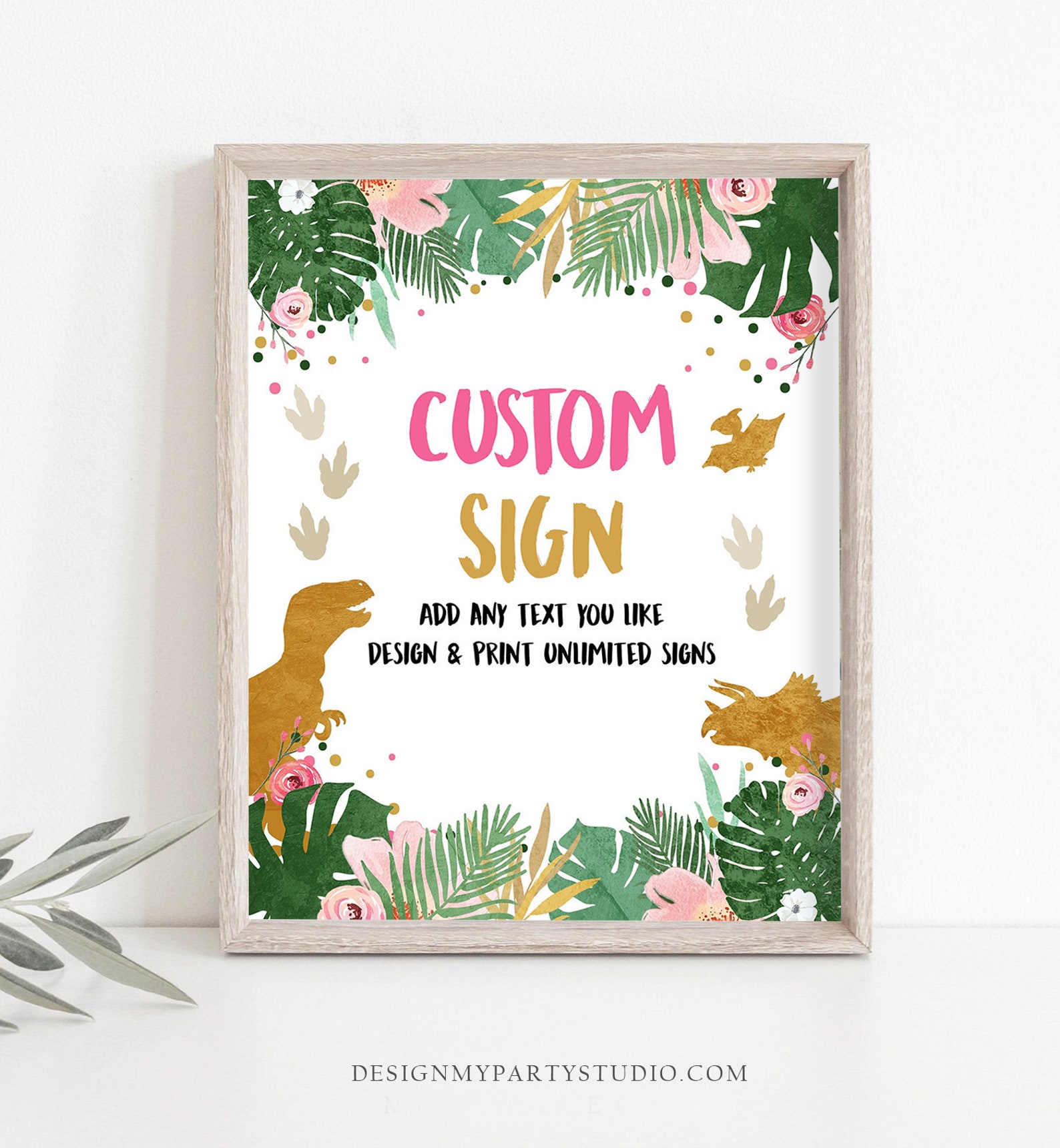 Personalized Dino With Flowers Name Sign