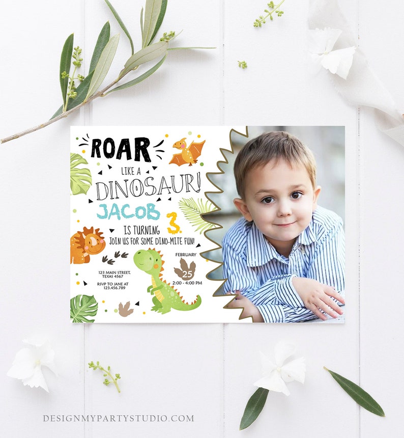 Editable Dinosaur Birthday Invitation Dino Dig Party Prehistoric Boy T-Rex Roar Fossil Party Digital Download Printable Template Corjl 0283 image 2