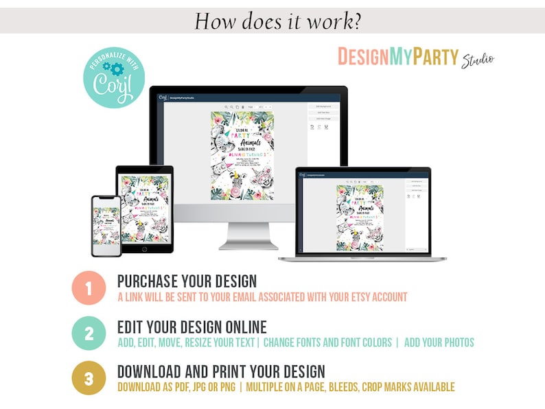 Op de afbeelding: Een afbeelding die de stappen laat zien om een ​​partyuitnodiging te personaliseren met behulp van een digitaal ontwerpplatform. De stappen zijn: 1. Koop je ontwerp, 2. Bewerk je ontwerp online en 3. Download en print je ontwerp. De afbeelding toont een computerscherm, een tablet en een smartphone, die allemaal hetzelfde uitnodigingsontwerp weergeven. Het uitnodigingsontwerp heeft een jungledieren-thema met de tekst "Jungle Party Animals".