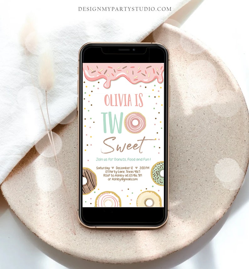 Editable Donut Two Sweet Birthday Invitation Second Birthday Party Pink Girl Doughnut 2nd Digital Download Phone Evite