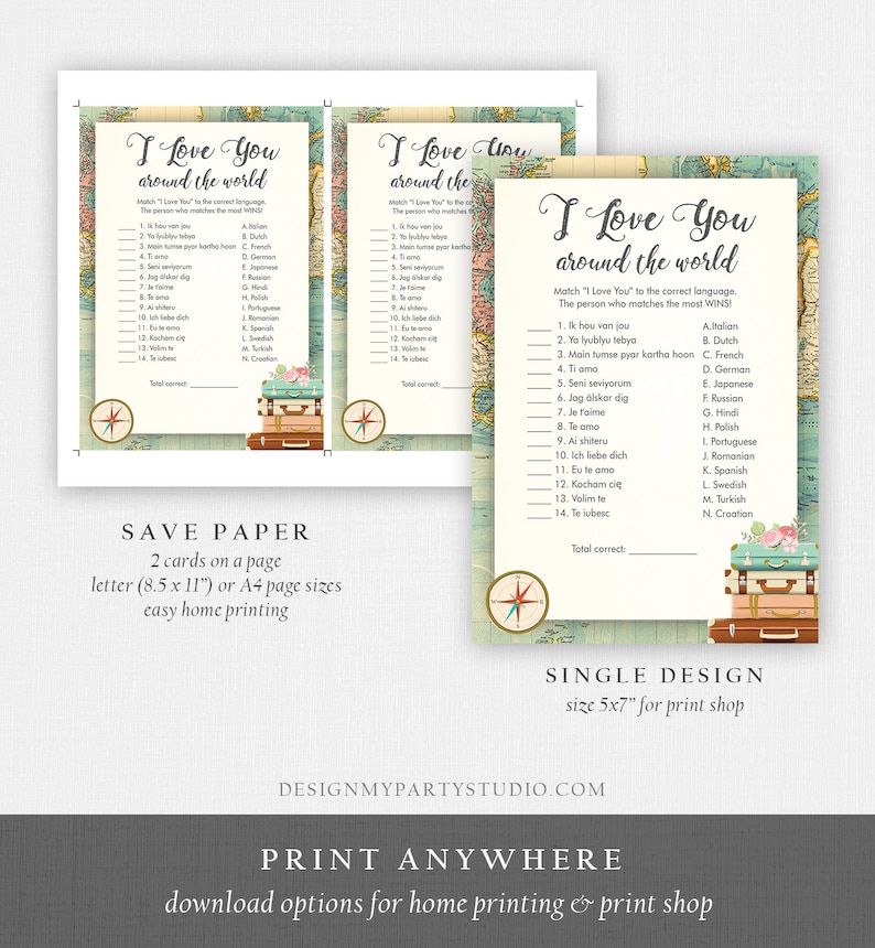 Editable I Love You Around the World Bridal Shower Game Travel Wedding Shower Activity Vintage Map Suitcases Corjl Template Printable 0044 image 5