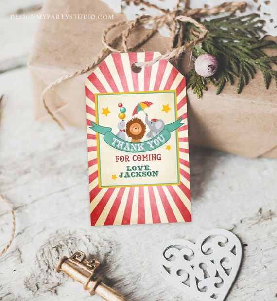Editable Carnival Favor Tags Circus Favor Tags Vintage Carnival Birthday Circus Thank you Blue Red Boy Animals Template PRINTABLE Corjl 0013 Il_570xn