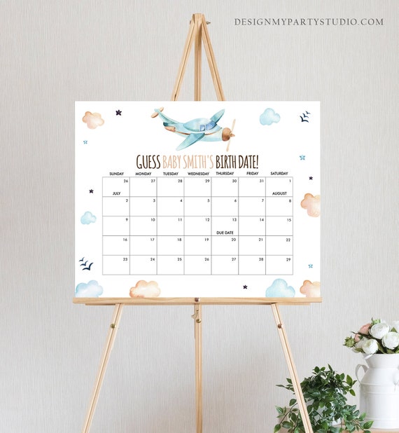Editable Guess the Birth Date Baby Shower Game Guess Birthday Vintage Airplane Blue Travel Adventure Shower Corjl Template Printable 0185 Il_570xn