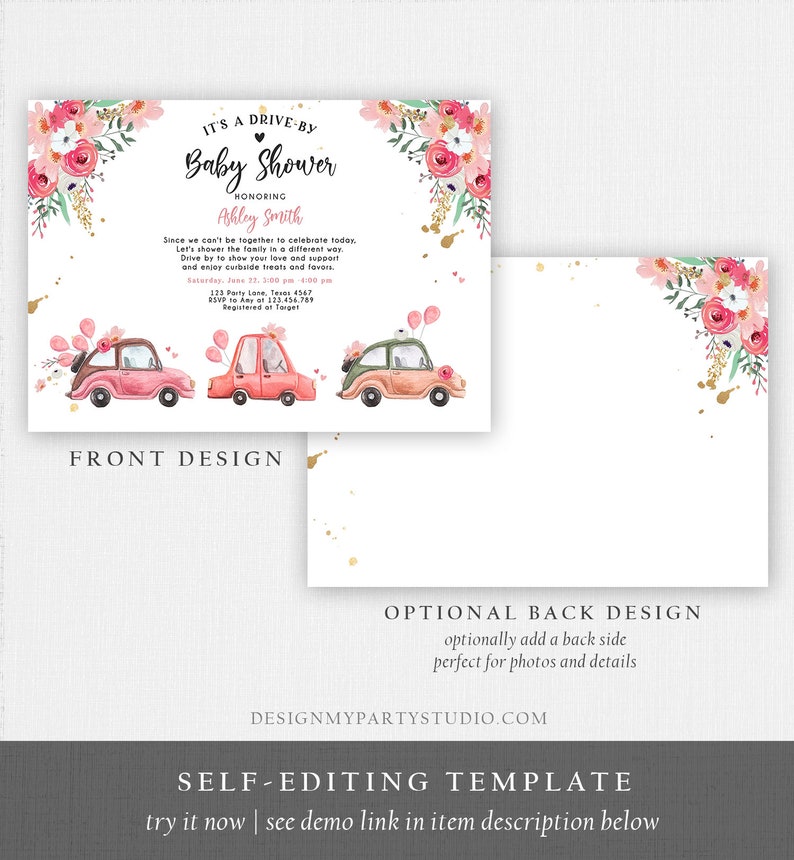 Editable Drive by Baby Shower Invitation Pink Girl Baby Shower Etsy