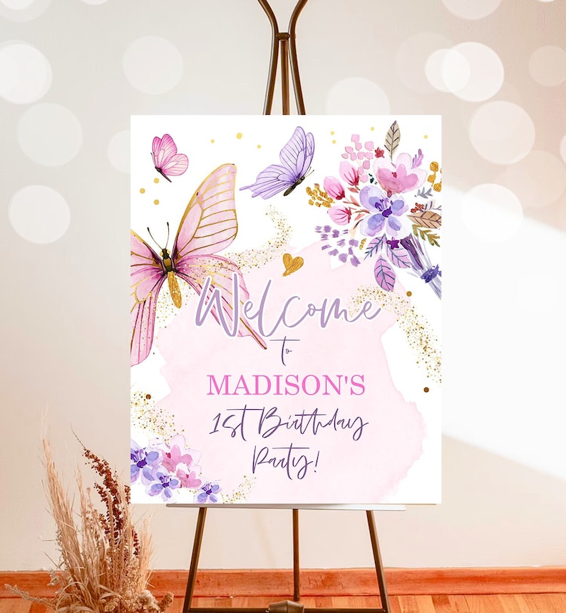 Editable Butterfly Welcome Sign Butterfly Birthday Party Butterfly Party Garden Girl Pink Gold Floral Purple Digital Template Printable 0437 image 2
