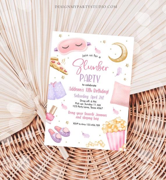 Editable Slumber Party Birthday Invitation Sleepover Birthday Invite Pink Girl Pizza PJ Teen Digital Download Printable Template Corjl 0447 Il_570xn