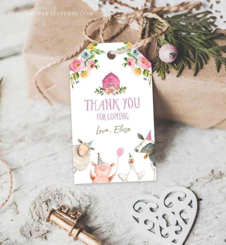 May include: A pink and white thank you tag with a watercolor illustration of a barn, flowers, and farm animals. The text reads "Thank You for Coming Love, Elise".