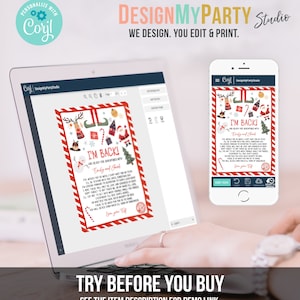 May include: A laptop and smartphone display a Christmas-themed digital design with the text "I'M BACK!" and festive illustrations. The design includes a red and white border, candy canes, and a message from an elf. The image also includes the text "TRY BEFORE YOU BUY".