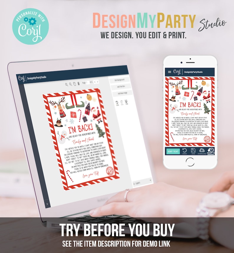 May include: A laptop and smartphone display a Christmas-themed digital design with the text "I'M BACK!" and festive illustrations. The design includes a red and white border, candy canes, and a message from an elf. The image also includes the text "TRY BEFORE YOU BUY".