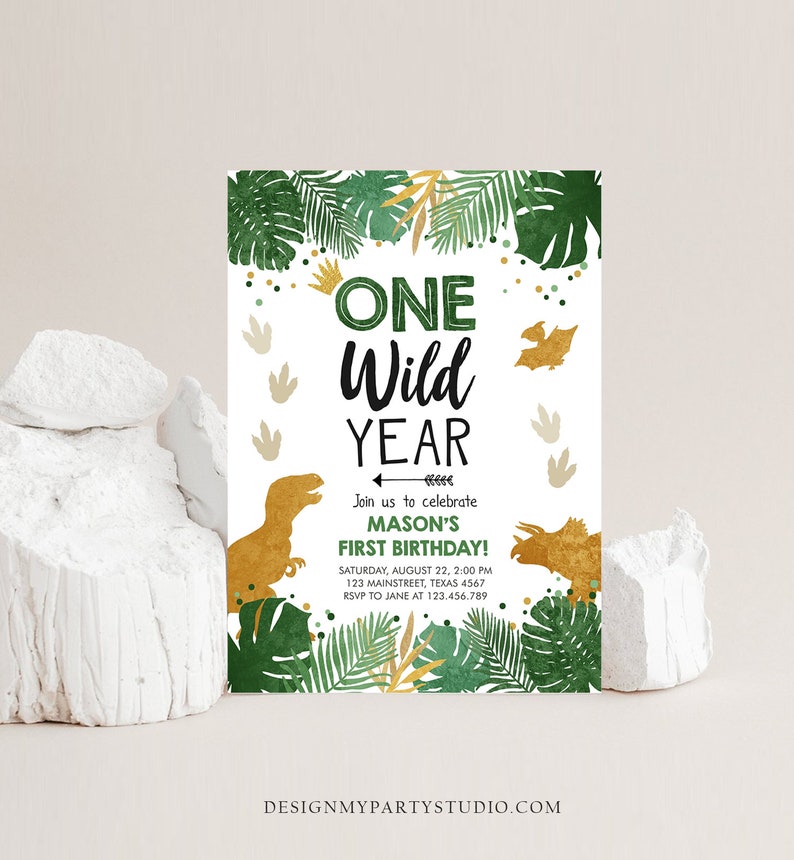 Editable One Wild Year Birthday Invitation Gold Dinosaur Dino Party Boy First Birthday 1st Wild One Party Corjl Template Printable 0146 image 3