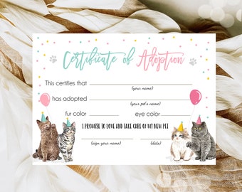 Pet Adoption Certificate Cat Adoption Cat Birthday Party Adopt A