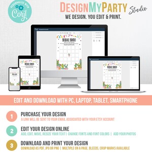 K&ouml;nnte beinhalten: Ein digitales Design-Mockup mit einem Braut-Bingo-Spiel, das auf einem Desktop-Computer, Tablet, Laptop und Smartphone angezeigt wird. Das Design enth&auml;lt Kaktus-Illustrationen und den Text "BRIDAL BINGO". Das Bild enth&auml;lt auch Anweisungen zum Kauf, Bearbeiten und Herunterladen.