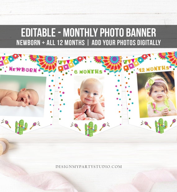 Editable Fiesta Monthly Photo Banner First Birthday Banner Boy Girl Fiesta Birthday Mexican Cactus Maraca Decor Summer Corjl Template 0045 Il_570xn