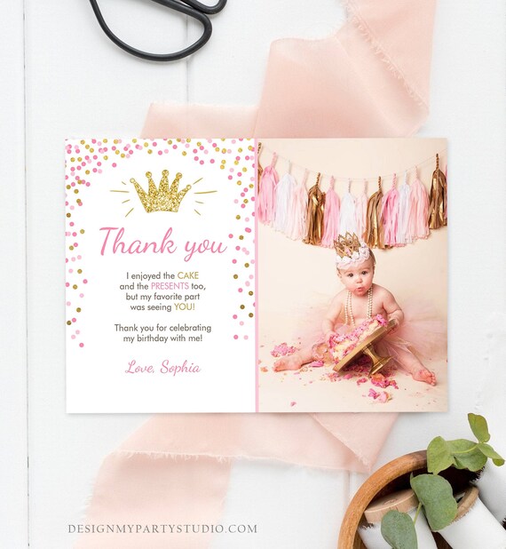 Editable Princess Thank You Card Girl Pink Gold Crown Birthday Thank You Note Royal First Birthday Digital Corjl Template Printable 0047 Il_570xn