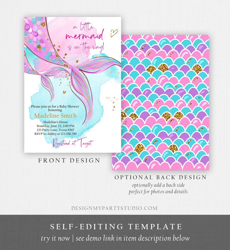 Editable Mermaid Baby Shower Invitation Little Mermaid Girl | Etsy